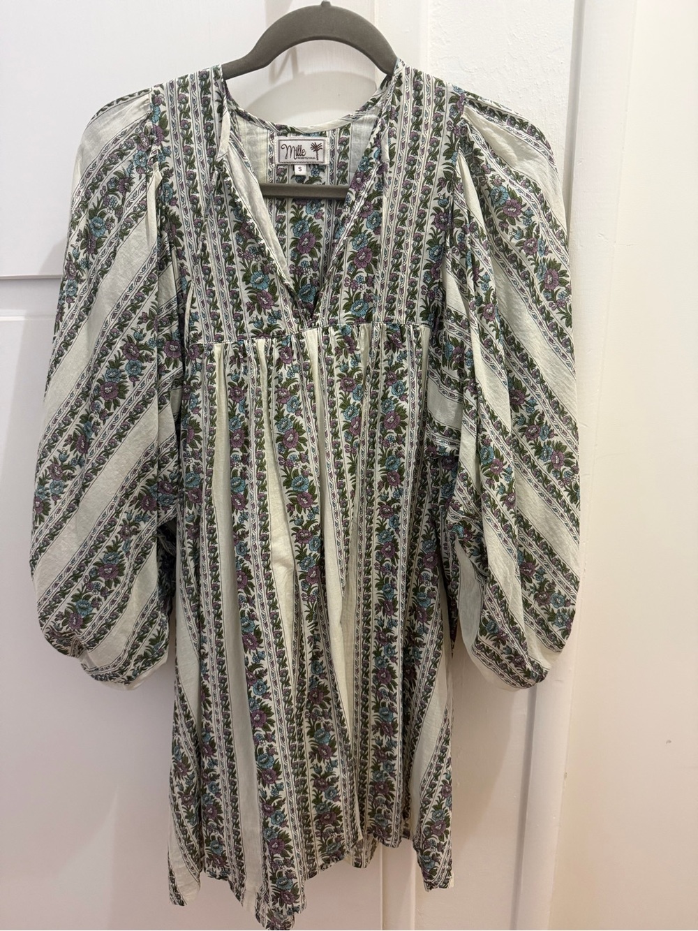 Maeve Floral Stripe Peasant Dress — Cream with Green & Purple